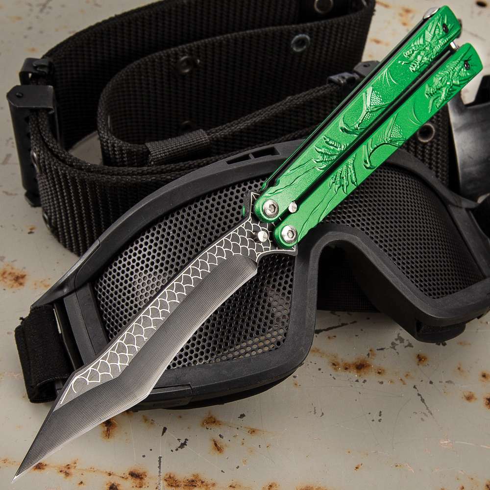 Green Dragon Butterfly Knife - Stainless Steel Blade, Molded Steel Handle